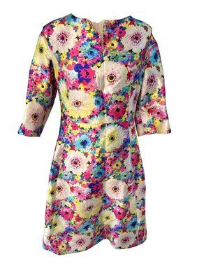 Oscar De La Renta Floral Print Dress Size 12 3/4 Sleeves Vibrant Colors Back Zip